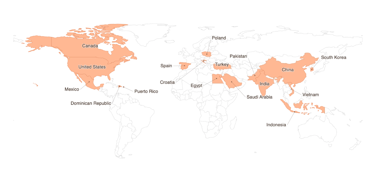 World map highlighting the countries Javsaca connects through its global network