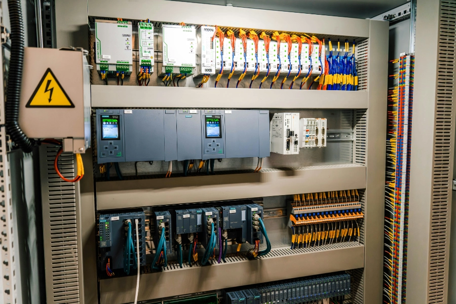 Lineup of medium voltage switchgear cabinets in a data center electrical room
