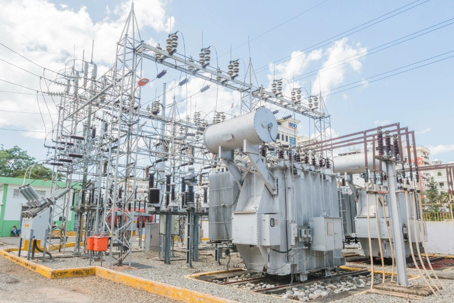 High voltage power transformer set on its pad at a data center substation