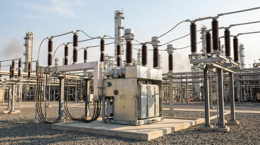 Outdoor high voltage breaker at a refinery switchyard