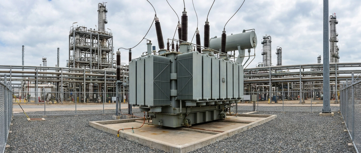 Power transformer installed at a refinery substation