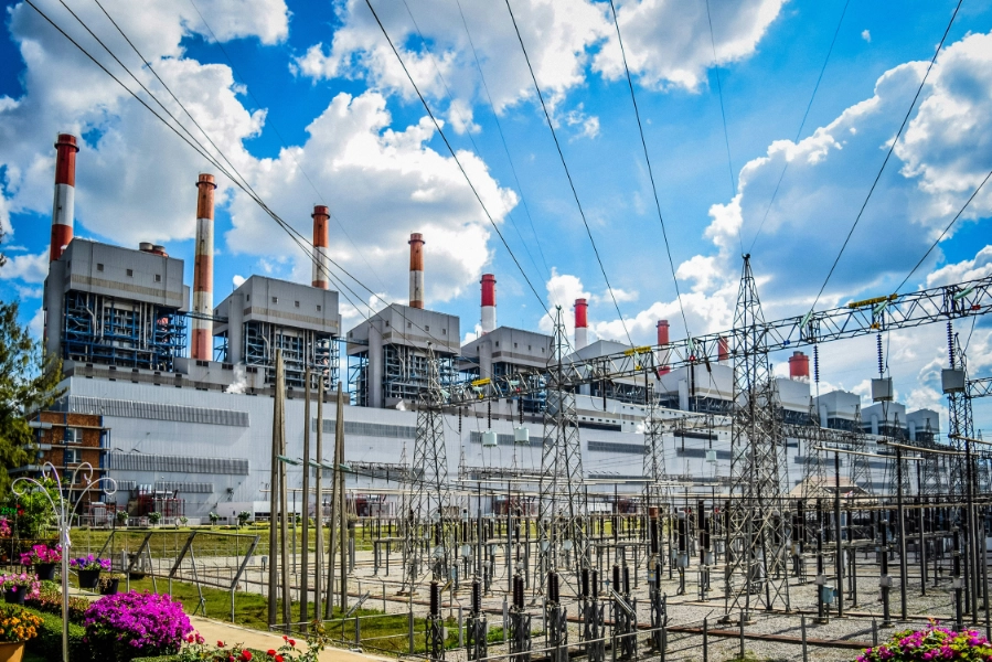 High voltage breakers in the switchyard of a gas fired power plant