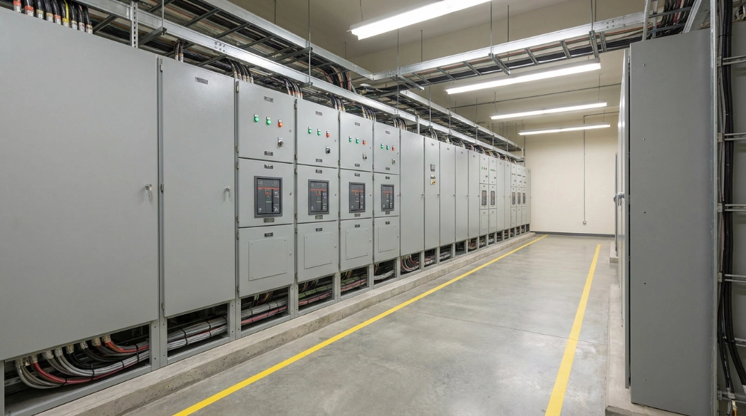 Lineup of medium voltage switchgear cabinets in a power plant electrical room