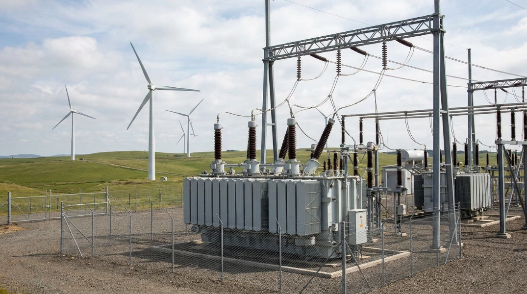 High voltage breaker at a wind farm substation under open sky