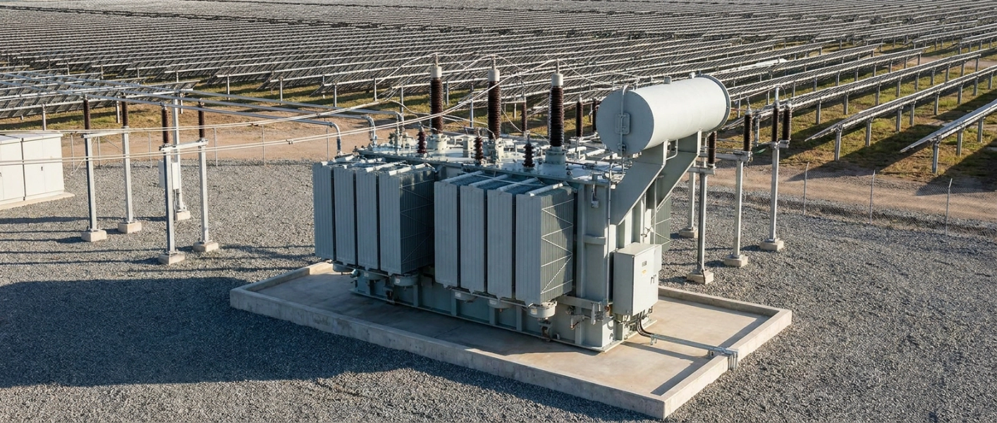 Main power transformer set on its pad at a utility scale solar substation