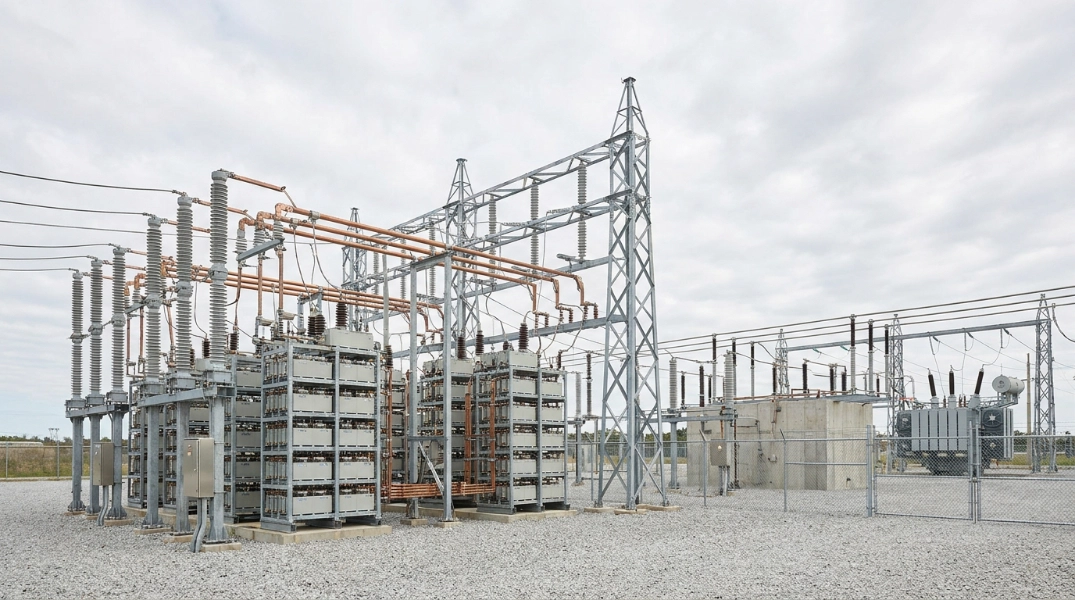 Capacitor bank installed in a fenced utility substation yard