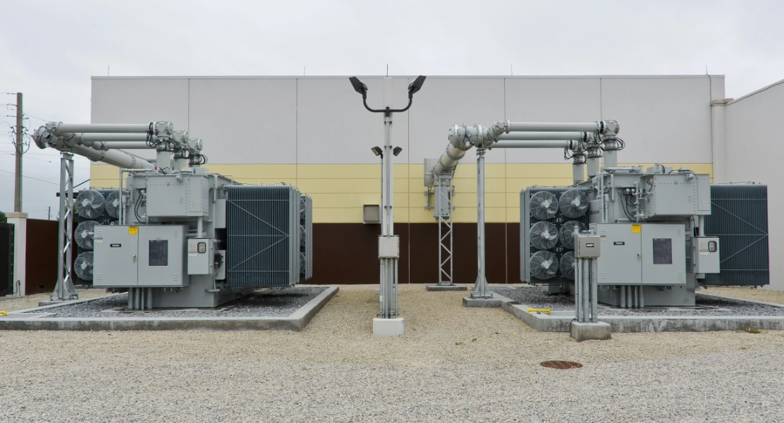 550 kV main power transformer set on its pad at a utility substation