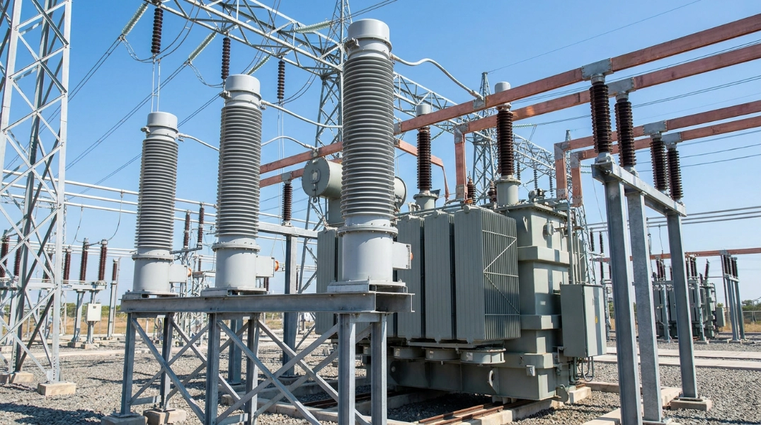 Station class surge arresters mounted beside a substation transformer